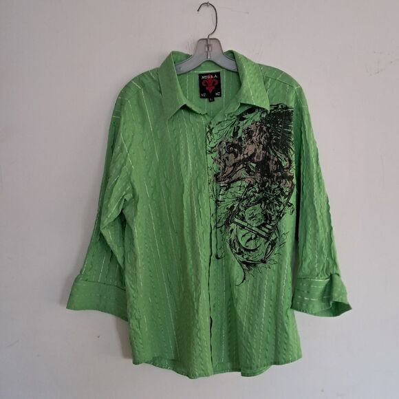 MZ.U.S.A. Shirt Men's Large L Green Graphic Print Button Up Abstract Embroidered - Picture 1 of 9